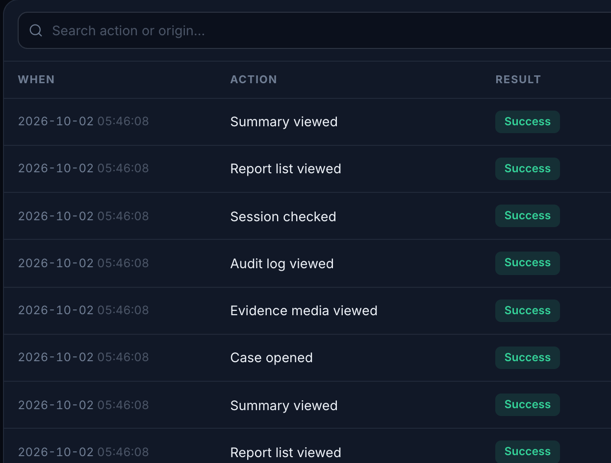 The audit view lists times, actions and results for requests to the demonstration service.