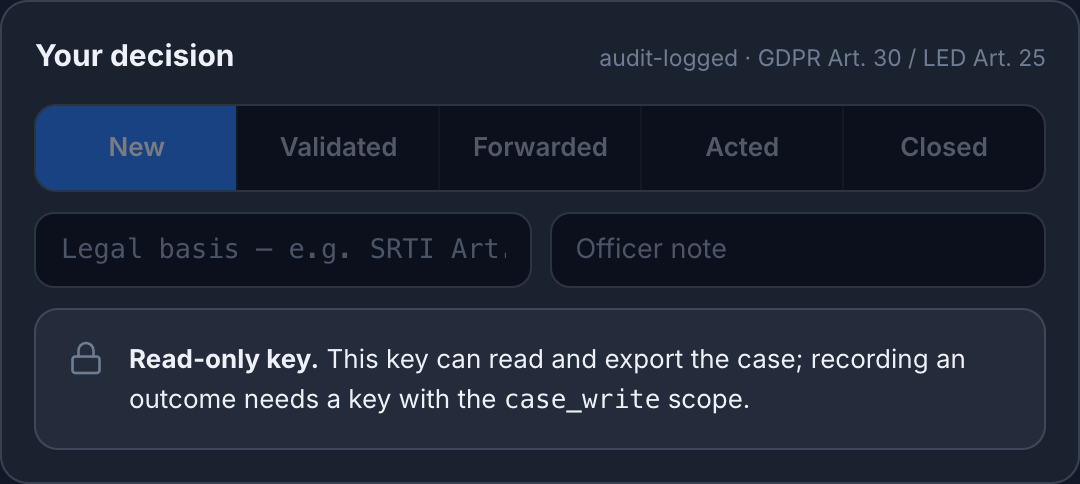 The decision panel contains outcome choices, a legal-basis field and an officer-note field; controls are disabled in the read-only demo.